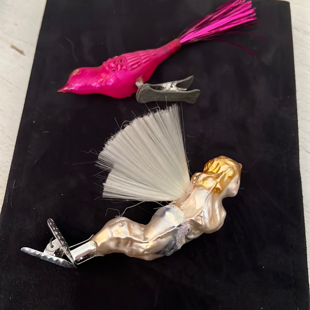 2 vintage blown glass clip on Christmas ornaments bird & mermaid Mercury